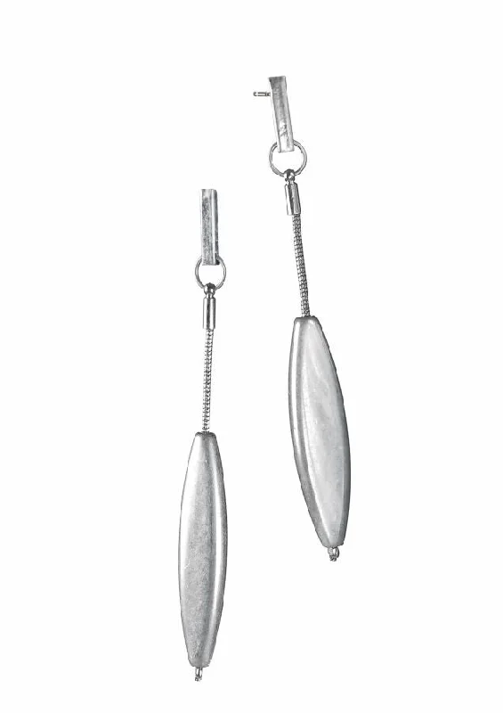 Ladies Earrings Thin Glow-Hot Tomato Arrowhead Pendulum Drop Earrings in Worn Silver