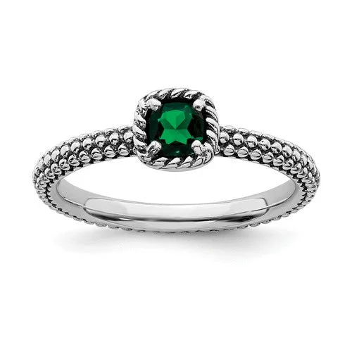 Ladies Rings Infinite Shine-Sterling Silver Stackable Expressions Created Emerald Cushion Ring