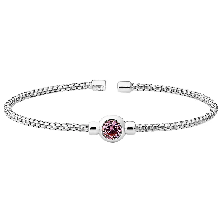 Ladies loving embrace bracelets -Rhodium Finish Sterling Silver Rounded Box Link Cuff Bracelet with Bezel Set Simulated Pink Sapphire Birth Gem