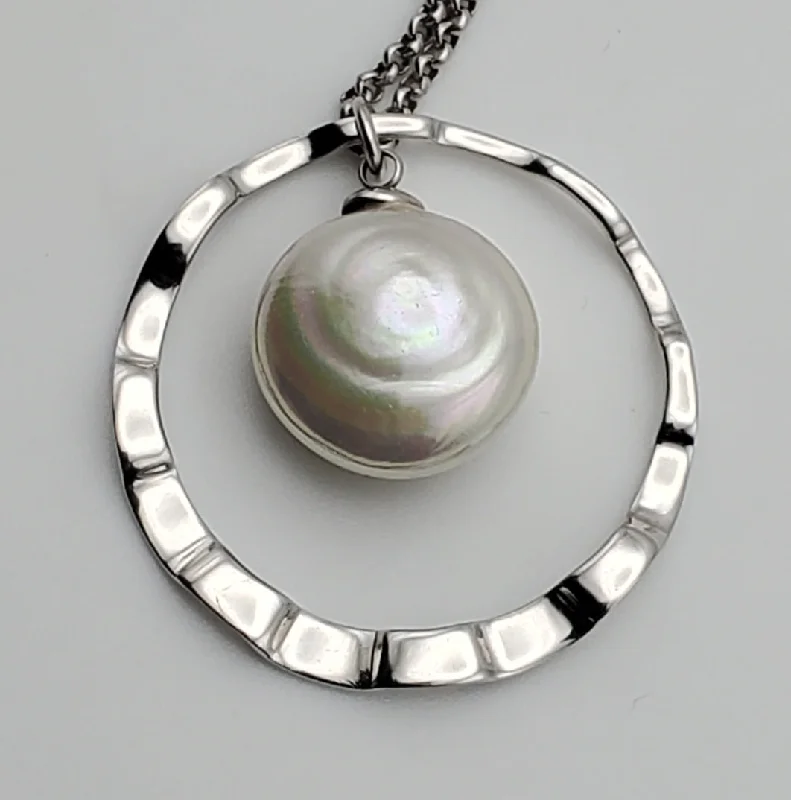 Eye-catching bold necklaces -Large Faux Button Pearl Modern Sterling Silver Pendant on Sterling Silver Chain Necklace