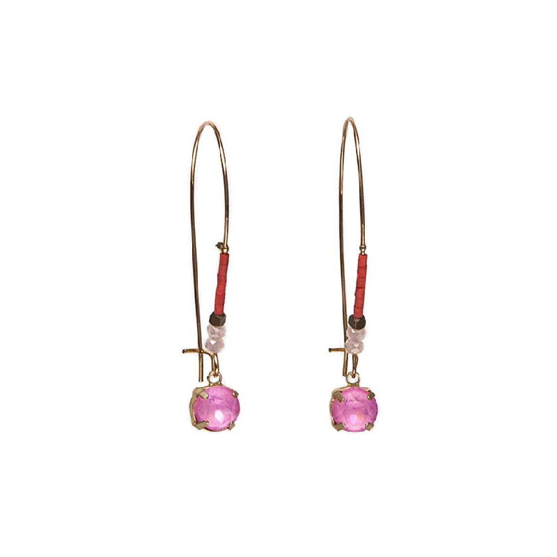 Ladies Earrings with Ruby Zoisite-Hot Tomato Pink Crystal Drop-on Elongated Beaded Hook Earrings