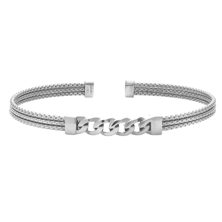 Ladies crisp geometric bracelets -Rhodium Finished Sterling Silver 3 Cable Curb Link Cuff Bracelet