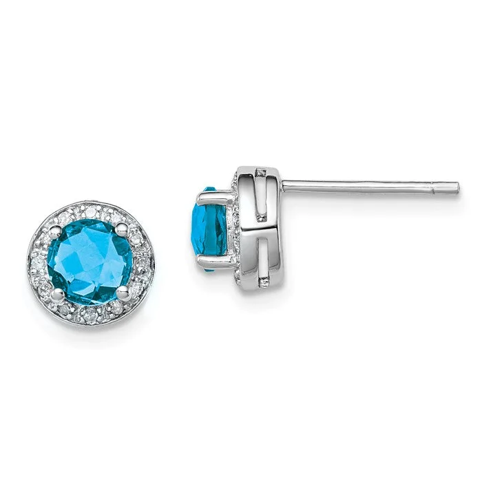 Ladies Earrings Big Glow-Sterling Silver Diamond & Swiss Blue Topaz Halo 8mm Stud Earrings