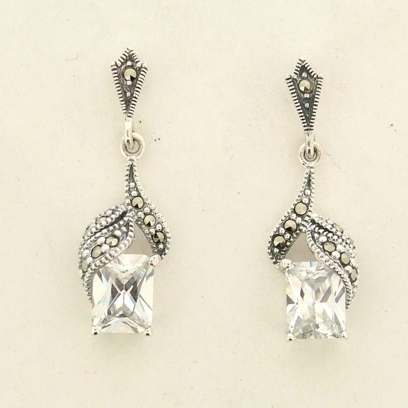 Ladies Earrings with Sun Spark-Bridal Earrings Vintage Bride Wedding Silver Marcasite Crystal