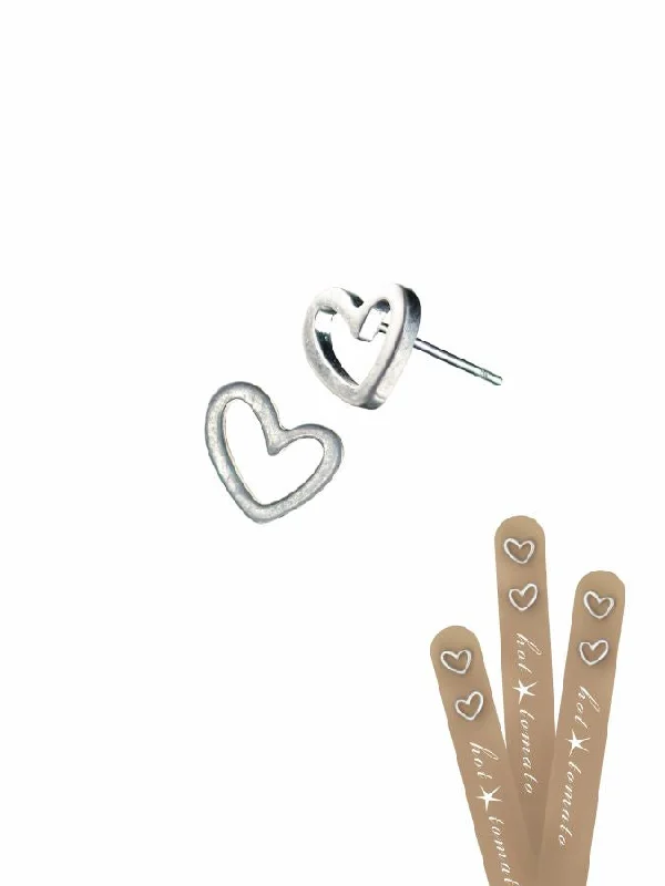 Ladies Earrings Curved Spark-Hot Tomato Molten Heart Frames Stud Earrings in Stainless Steel with Worn Silver Finish