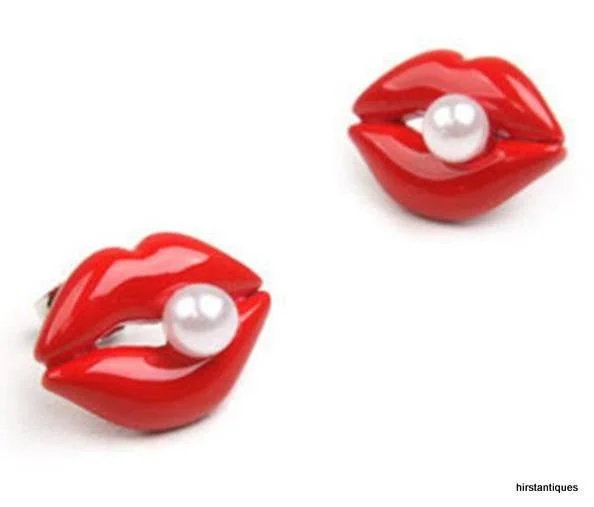 Ladies Earrings with Milky Moonstone-Red Lips Earrings Enamel with Pearl