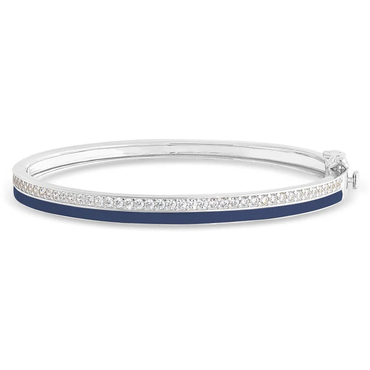 Ladies dainty bead bracelets -Platinum Finish Sterling Silver Micropave Hinged Bangle Bracelet with with Navy Enamel and Simulated Diamonds