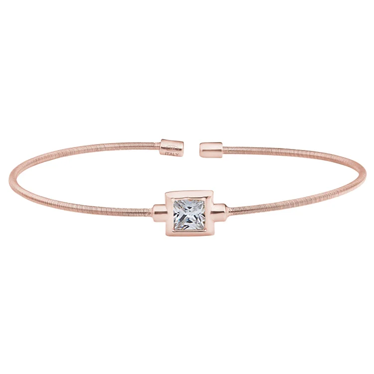 Ladies striking fashion bracelets -Rose Gold Finish Sterling Silver Cable Cuff Bracelet with Princess Cut Simulated Diamond Birth Gem