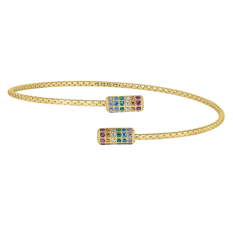 Ladies nature’s breath bracelets -Gold Finish Sterling Silver Corean Cable Cuff Bracelet with Rainbow Colored Simulated Diamonds on Each End