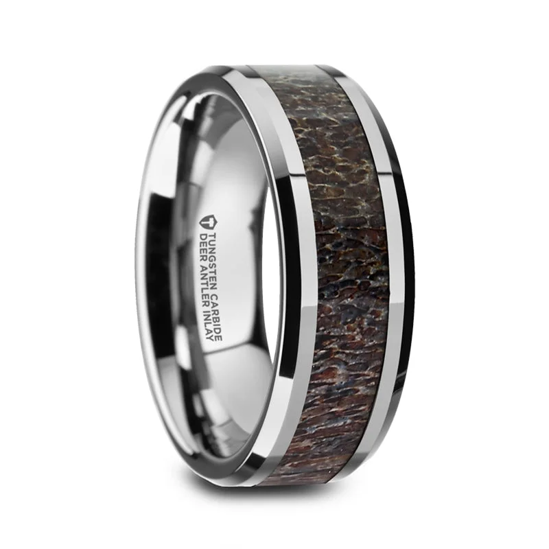 Ladies Rings with Clear Natrolite-Thorsten FAWN Dark Deer Antler Inlay Tungsten Carbide Beveled Edged Ring - 8mm