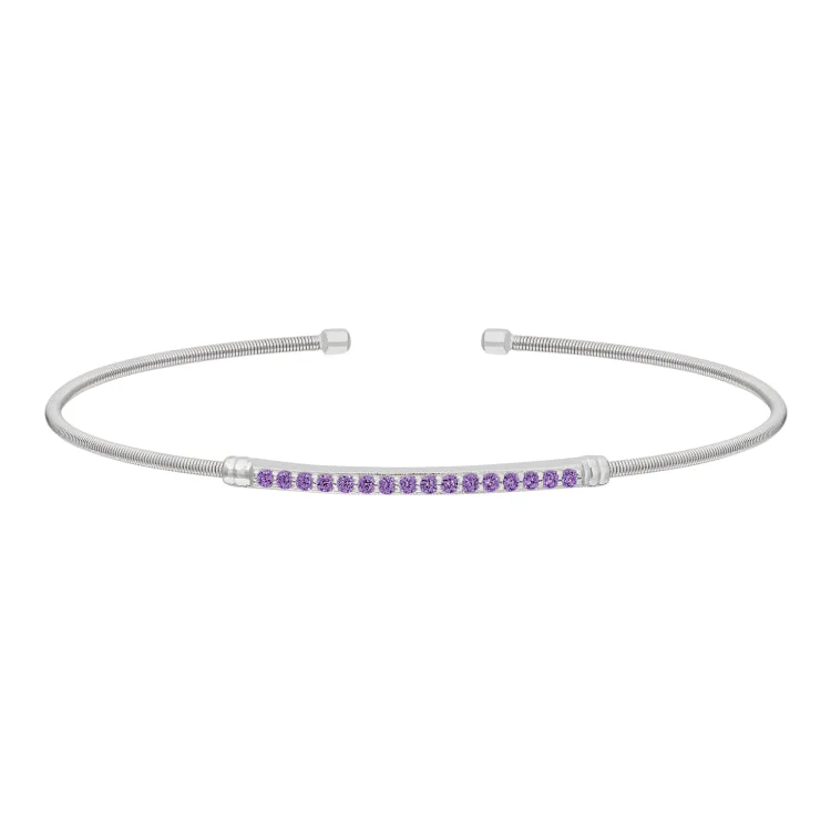 Ladies delicate link bracelets -Rhodium Finish Sterling Silver Cable Cuff Bracelet with Simulated Amethyst Birth Gems - February