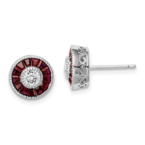 Ladies Earrings with Sky Topaz-Sterling Silver Round Created Ruby & CZ Halo Post Earrings