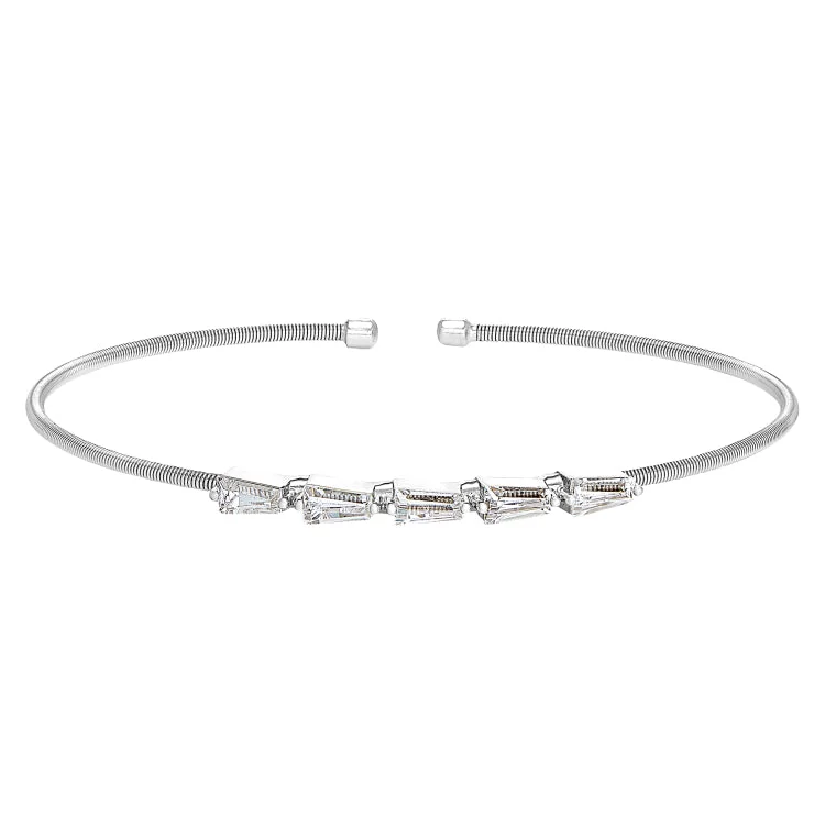 Ladies airy feather bracelets -Rhodium Finish Sterling Silver Cable Cuff 5 Tapered Baguettes Bracelet with Simulated Diamonds