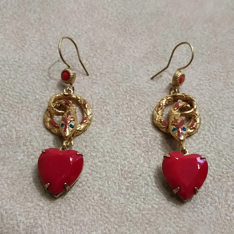 Ladies Earrings Soft Glow-Snake Charm earrings by Askew London with red heart charms unsigned