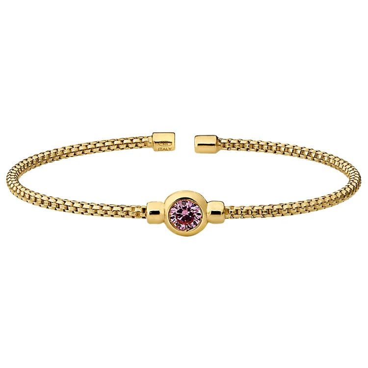 Ladies shimmering silver bracelets -Gold Finish Sterling Silver Rounded Box Link Cuff Bracelet with Bezel Set Simulated Pink Sapphire Birth Gem