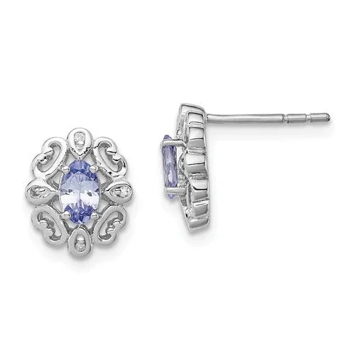 Ladies Earrings with Nebula Drops-Sterling Silver Diamond & Tanzanite Oval Earrings