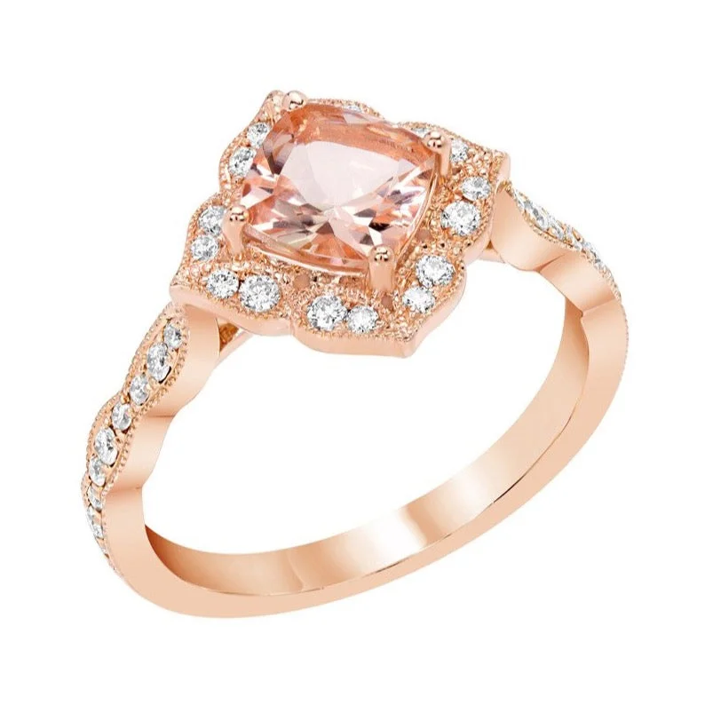 Ladies Engagement Rings with Pyroxmangite Shine-14k Rose Gold Cushion Cut Morganite Diamond Halo Engagement Ring