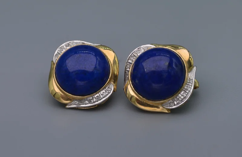 Ladies Earrings with Silver Cassiterite-14K yellow gold Lapis Lazuli earrings