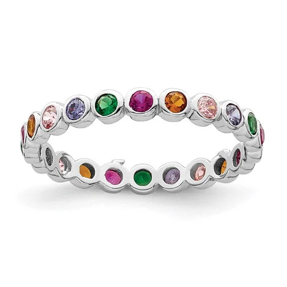 Ladies Rings with Square Spark-Sterling Silver Multi Color Bezel Set Band Ring