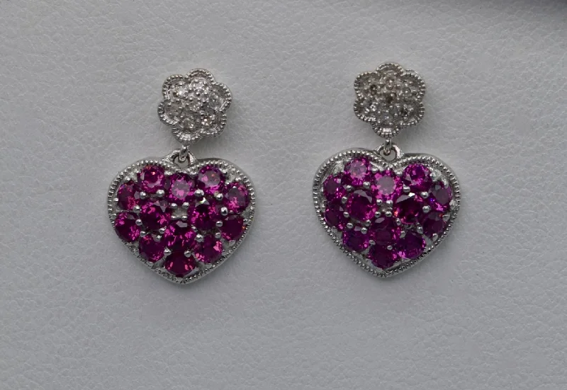 Ladies Earrings for Dance Glow-14K white gold heart-shaped dangle earrings with Pink Garnets and Diamonds