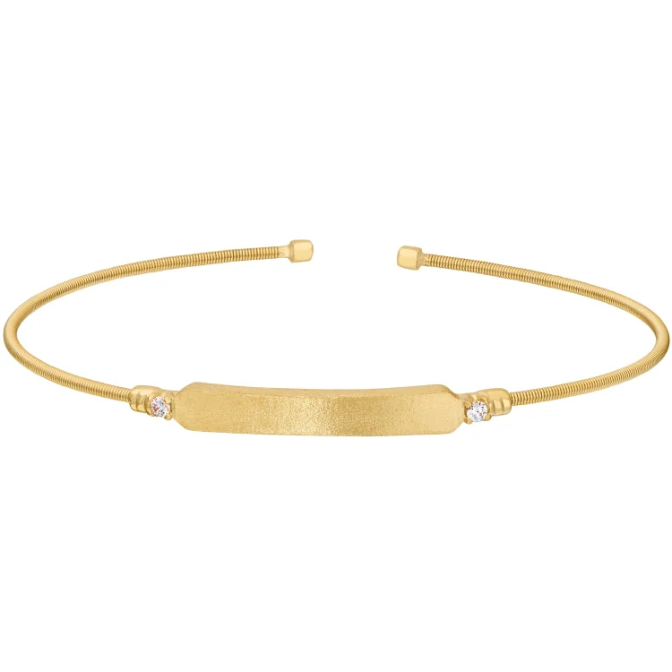 Ladies fragile thin bracelets -Gold Finish Sterling Silver Cable Cuff Bracelet with Name Plate and Simulated Diamond Birth Gems - April