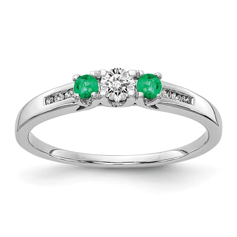 Ladies Rings Petite Shine-14k White Gold Diamond & Emerald 3-Stone Ring