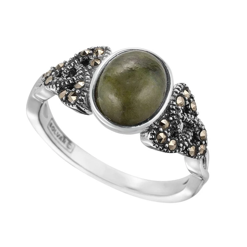 Ladies Rings with Star Glow-Connemara Marble Marcasite Trinity Knot Ring