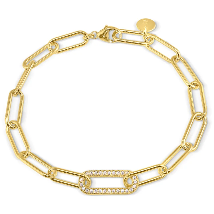 Ladies evening radiance bracelets -Gold Finish Sterling Silver Micropave 7.5" Paper Clip Bracelet with a Single Link with Simulated Diamonds