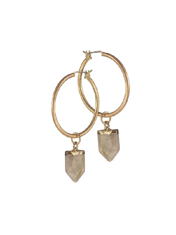 Ladies Earrings for Festive Glow-Hot Tomato Stone Drop on Hoop Earrings -  Stone/Worn Gold