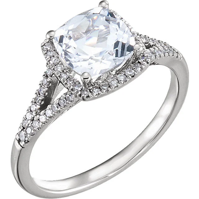 Ladies Rings with Wave Shine-14K White Gold 7mm Cushion Cut Created White Sapphire & Diamond Halo Ring