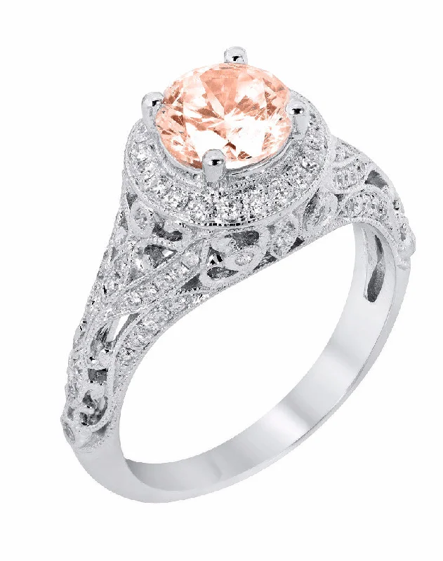 Ladies Engagement Rings with Okenite Shine-14k White Gold Round Morganite and Diamond Halo Vintage Style Engagement Ring