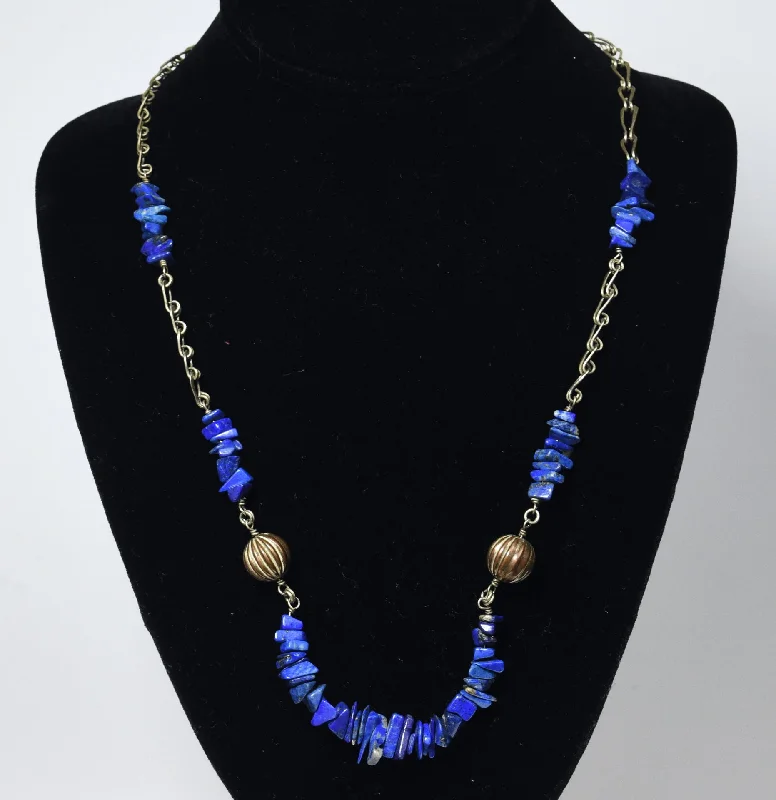 Birthstone shine necklaces -Lapis Lazuli Chip Bead Chain Necklace with Fluted Copper Beads