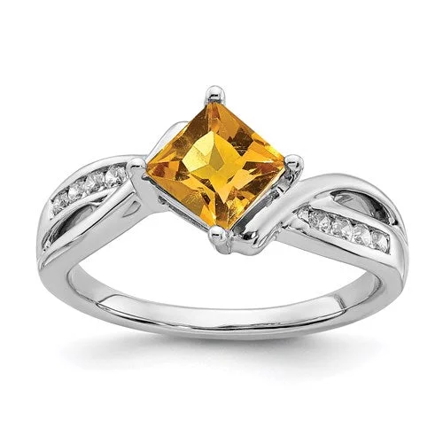 Ladies Rings with Cyan Richterite-14k White Gold Citrine Square and Diamond Ring