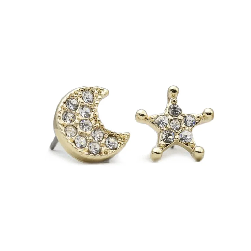 Ladies Earrings for Youth Spark-Pom Moon and Star Gold Plated Crystal Stud Earrings