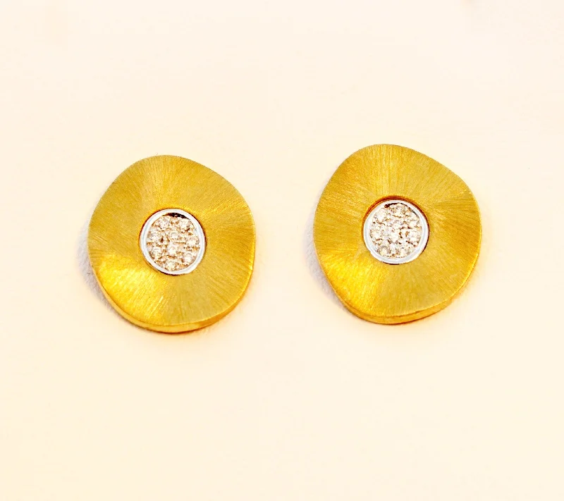 Ladies Earrings for Photo Spark-Gold Round Post Earrings with Diamond Pave Center