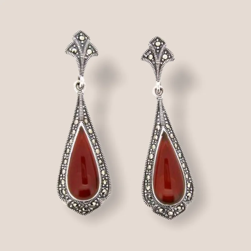 Ladies Earrings with Pink Rhodonite-Carnelian Earrings Red Agate Silver Marcasite