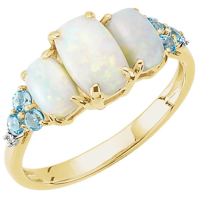 Ladies Rings for Photo Spark-14k Yellow Gold Genuine Opal, Swiss Blue Topaz & Diamond Ring