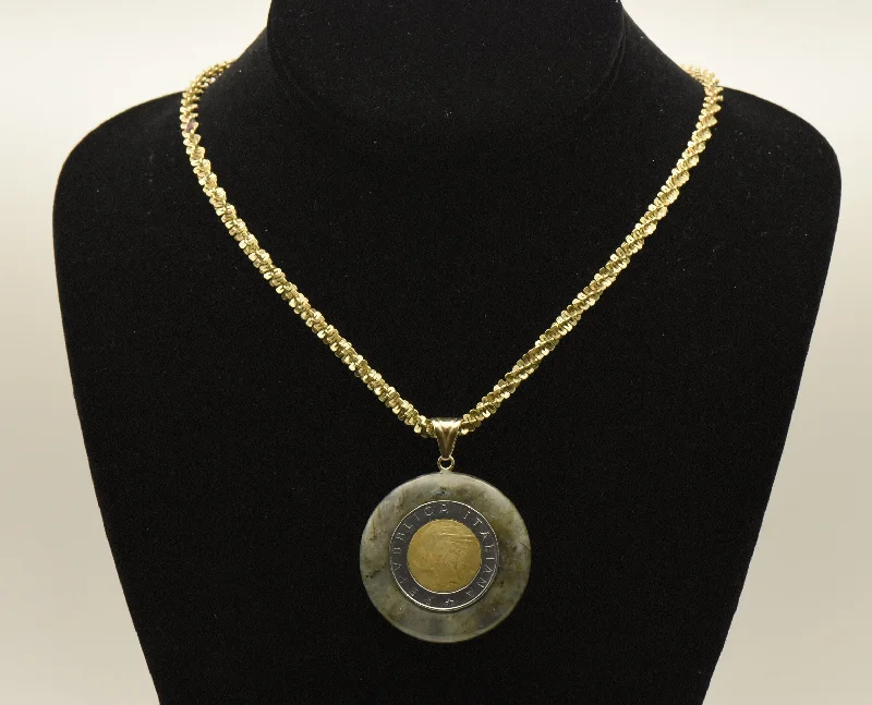 Punk flair necklaces -Milor - Vintage 14k Gold Labradorite Italian Lira Pendant on Tinsel Link Sterling Necklace - 18"