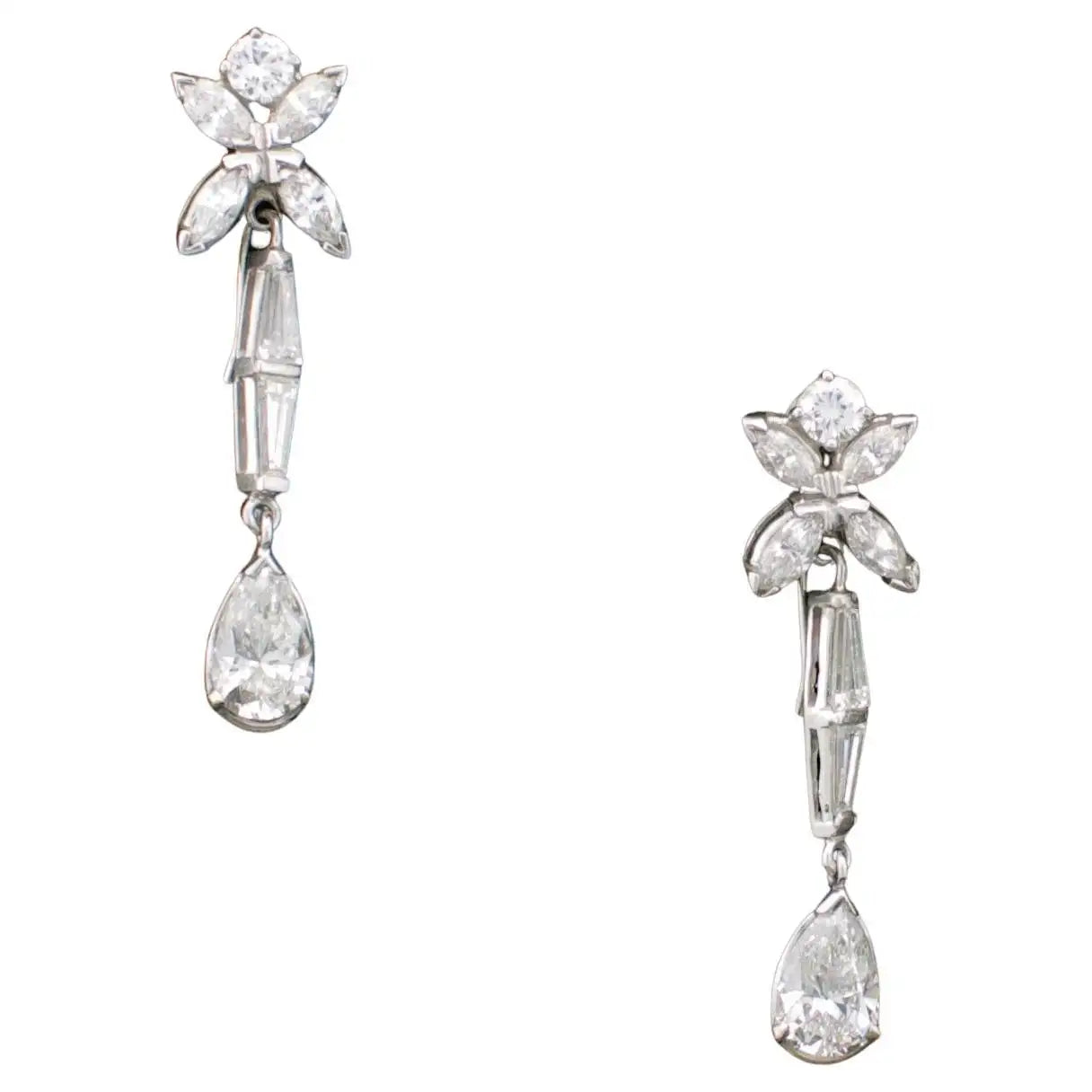 Ladies Earrings with Custom Spark-Diamond Pear Shape Drop Earrings in Platinum, circa 1950's