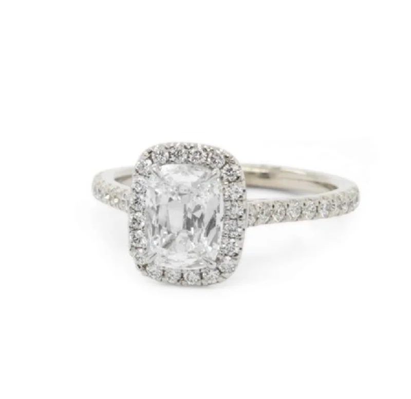 Ladies Engagement Rings in Rose Glow-14K White Gold Diamond Engagement Ring With 1.01 ct Cushion Center & Diamond Halo