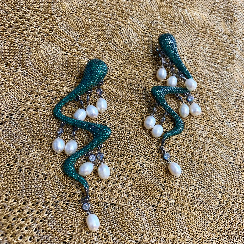 Ladies Earrings with Olive Peridot-Snake Pearl Statement Earrings Emerald Green