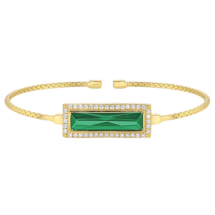 Ladies frosty winter bracelets -Gold Finish Sterling Silver Cable Cuff Bracelet with Rectangular Simulated Emerald Stone and Simulated Diamonds