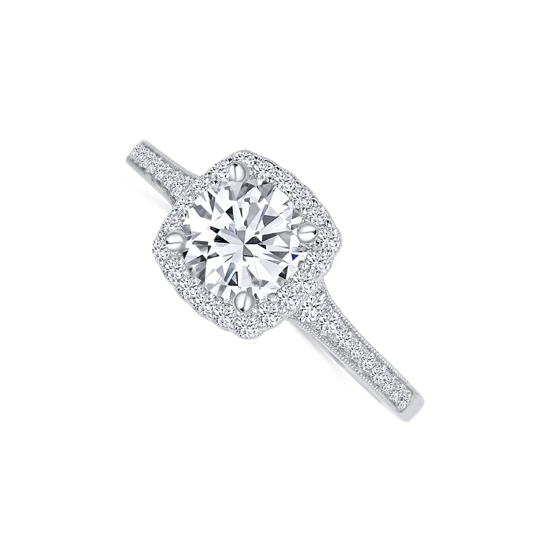 Ladies Engagement Rings Matte Spark-14K White Gold Round 1.09 Carat Diamond Halo Engagement Ring