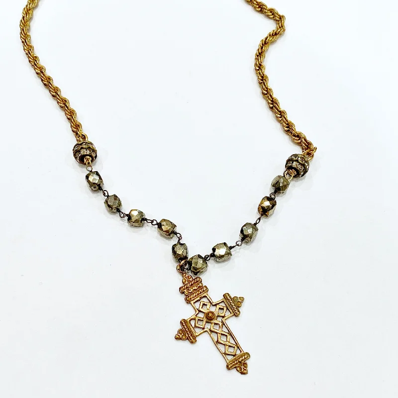 Classic vintage necklaces -Necklace - Coptic Cross on Pyrite with a Vintage Rope Chain