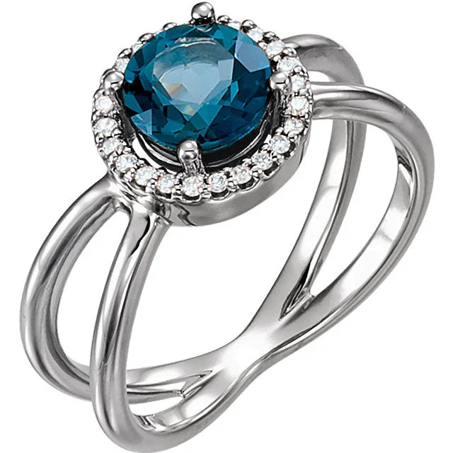 Ladies Rings in Rose Glow-14k Gold London Blue Topaz & 1/8 CTW Diamond Halo-Style X Band Ring