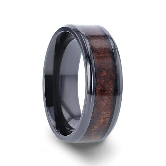 Ladies Rings with White Leucite-Thorsten CERISE Redwood Inlaid Black Ceramic Ring with Beveled Edges - 8mm