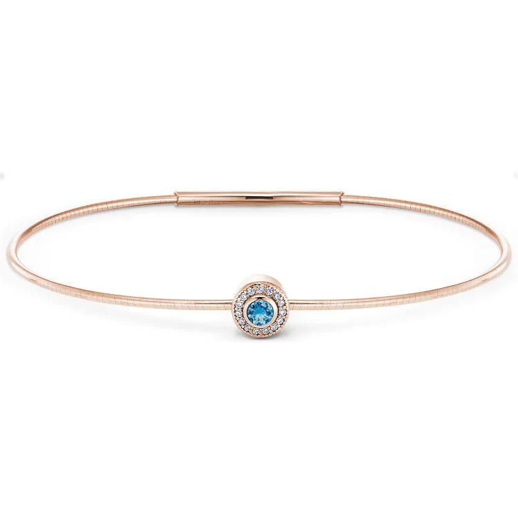 Ladies birthday sparkle bracelets -Rose Gold Finish Finish Sterling Silver Round Simulated Blue Topaz Birth Gem Bracelet with Simulated Diamonds