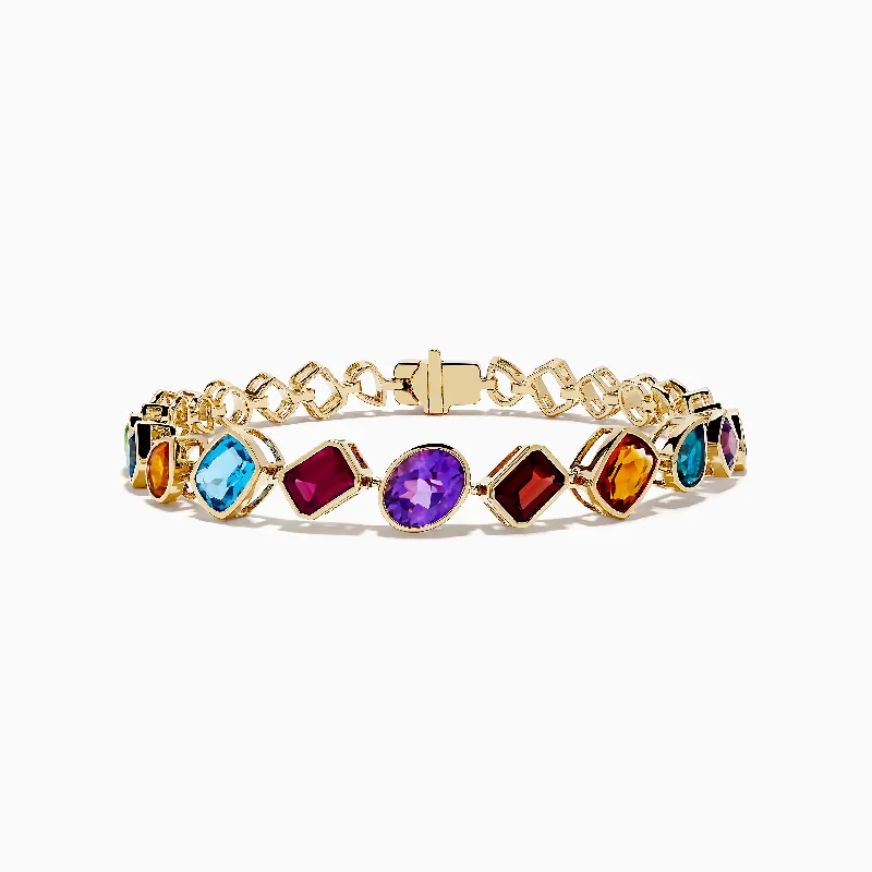 Ladies handcrafted artisan bracelets -Mosaic 14K Yellow Gold Multi Gemstone Tennis Bracelet 11.70 TCW