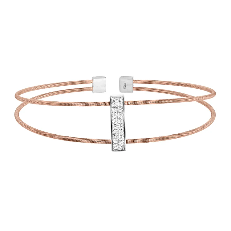 Ladies deco flair bracelets -Rose Gold Finish Sterling Silver Two Cable Cuff Bracelet with Rhodium Finish Simulated Diamond Double Row Vertical Bar