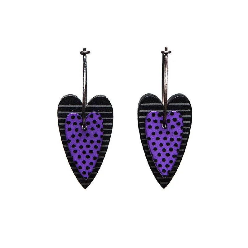 Ladies Earrings with Silver Glow-Lene Lundberg K-Form Purple and Black Double Heart Earrings